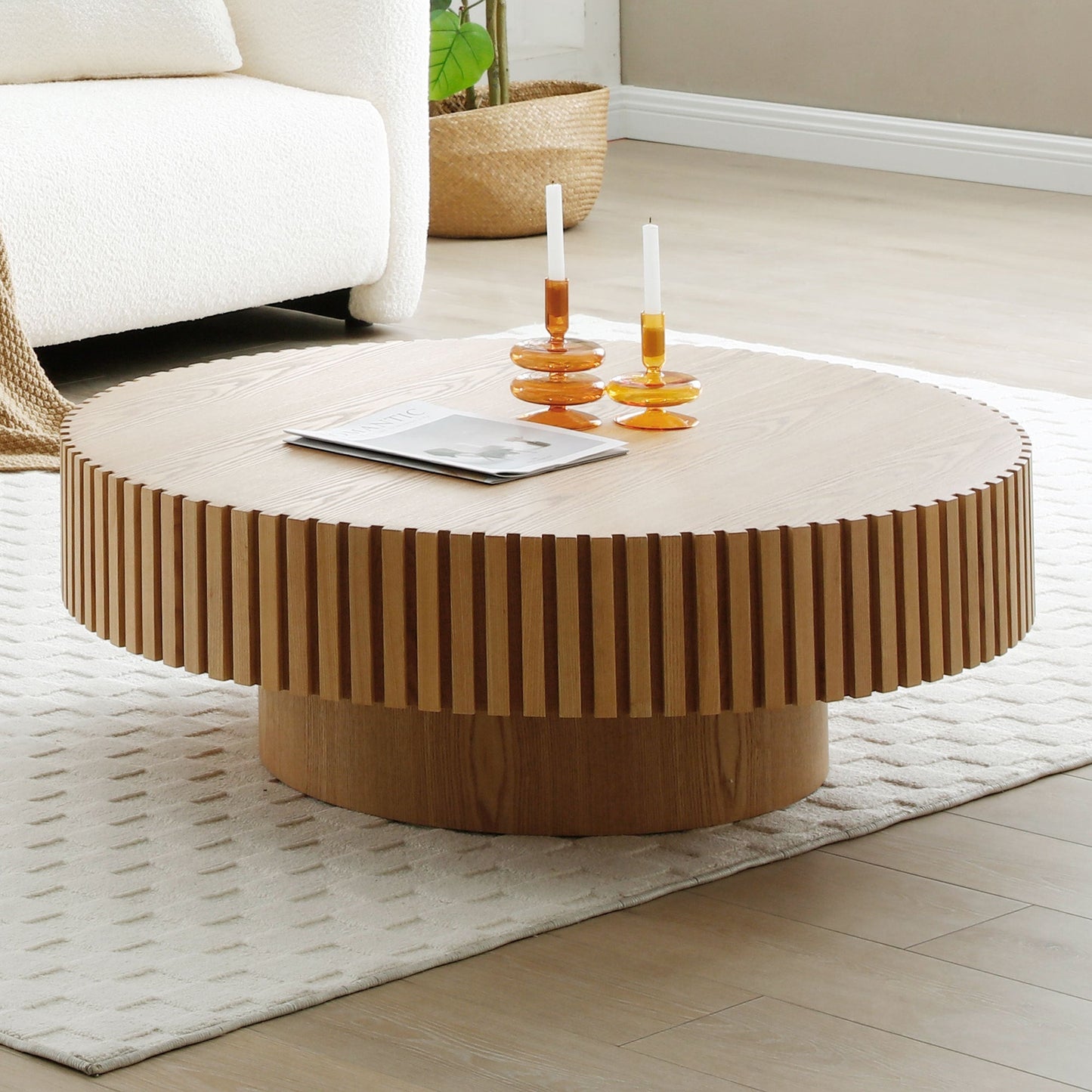 32'' Round Wood Coffee Table for Living Room, Modern Handcraft Drum - GREAT BEACH HOUSE
