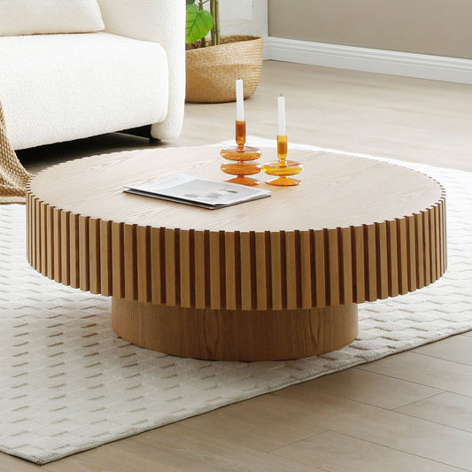 32'' Round Wood Coffee Table for Living Room, Modern Handcraft Drum - GREAT BEACH HOUSE