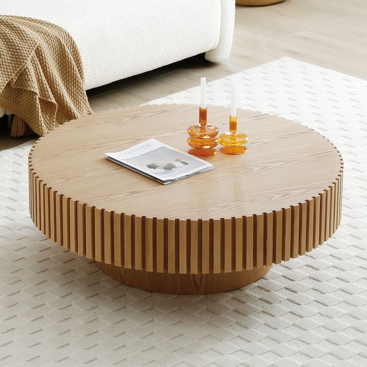 32'' Round Wood Coffee Table for Living Room, Modern Handcraft Drum - GREAT BEACH HOUSE
