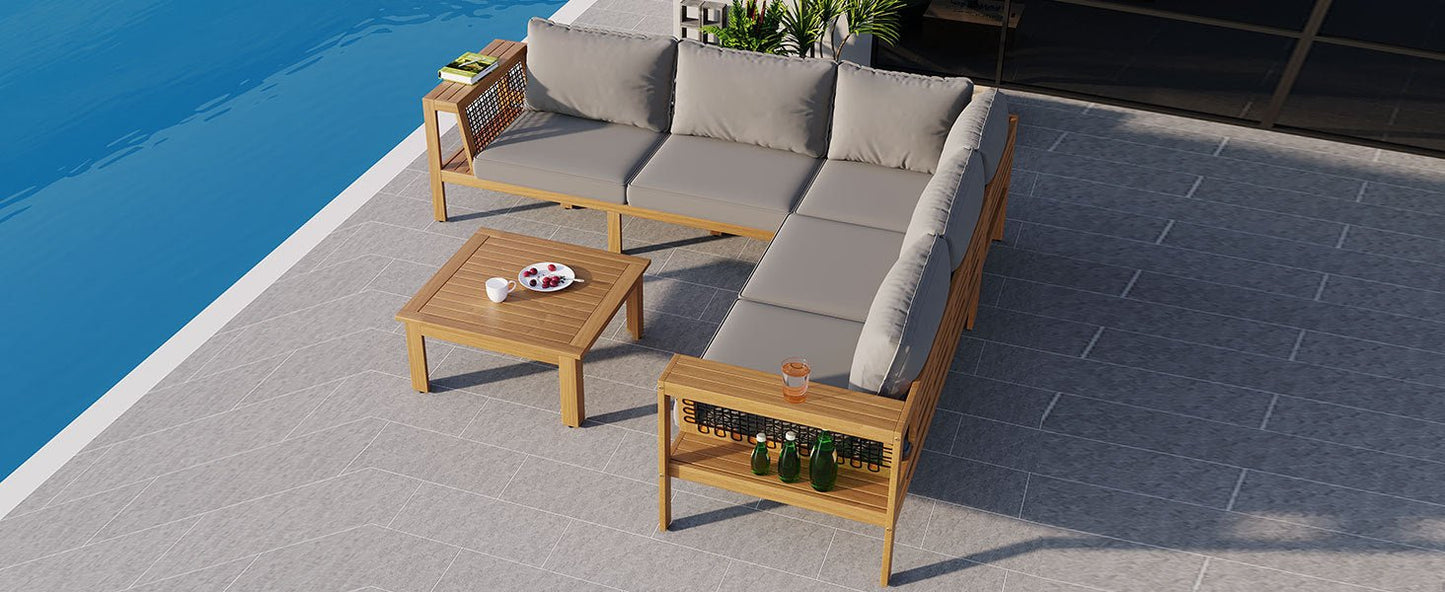 4 Piece Outdoor Acacia Wood Sofa Set, Woven Mesh Armrests, L - Shaped - GREAT BEACH HOUSE