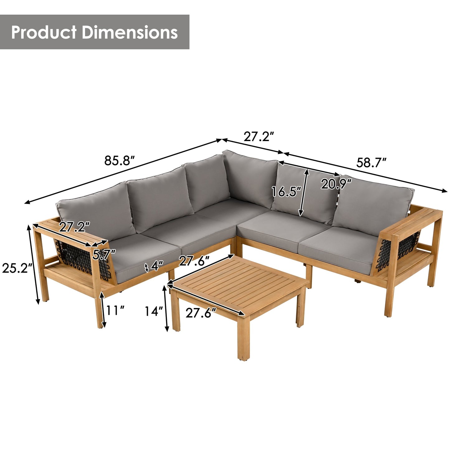 4 Piece Outdoor Acacia Wood Sofa Set, Woven Mesh Armrests, L - Shaped - GREAT BEACH HOUSE