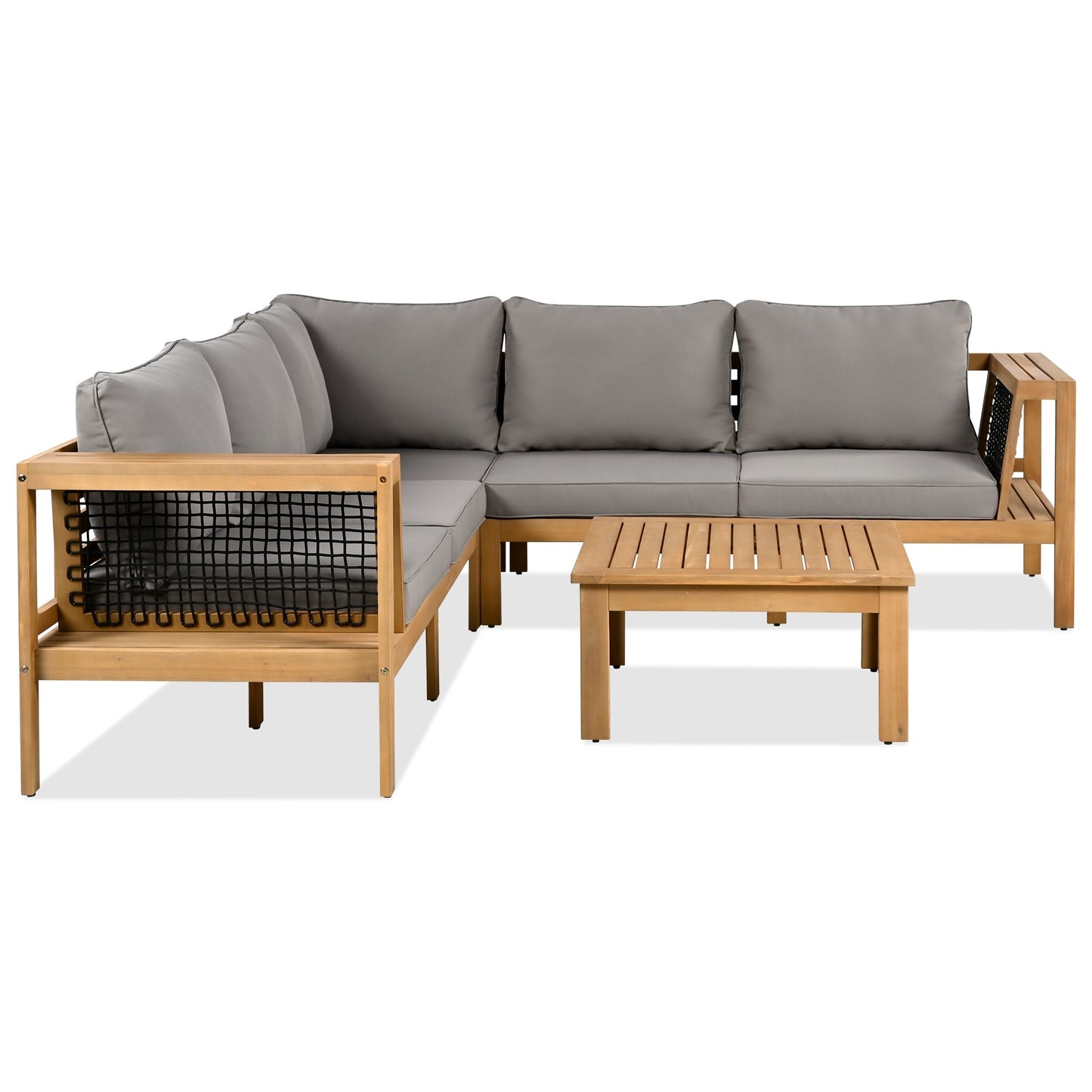 4 Piece Outdoor Acacia Wood Sofa Set, Woven Mesh Armrests, L - Shaped - GREAT BEACH HOUSE
