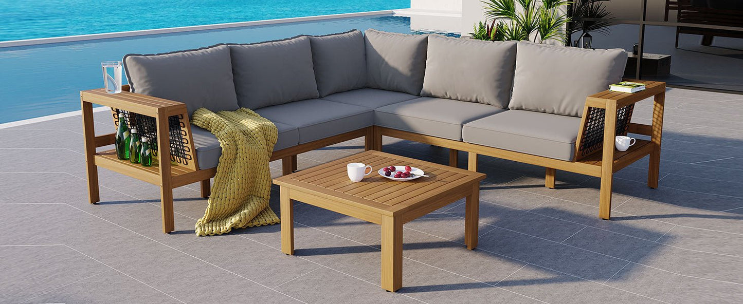 4 Piece Outdoor Acacia Wood Sofa Set, Woven Mesh Armrests, L - Shaped - GREAT BEACH HOUSE
