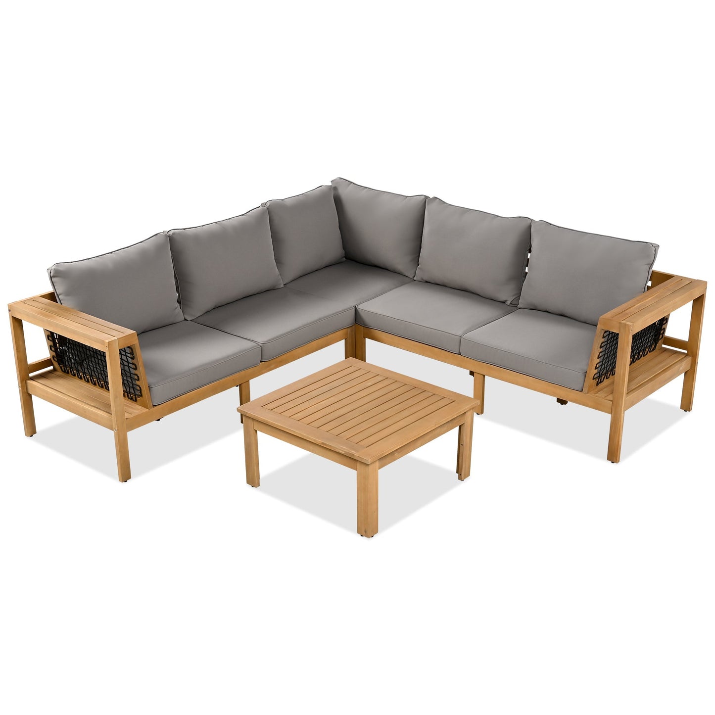 4 Piece Outdoor Acacia Wood Sofa Set, Woven Mesh Armrests, L - Shaped - GREAT BEACH HOUSE