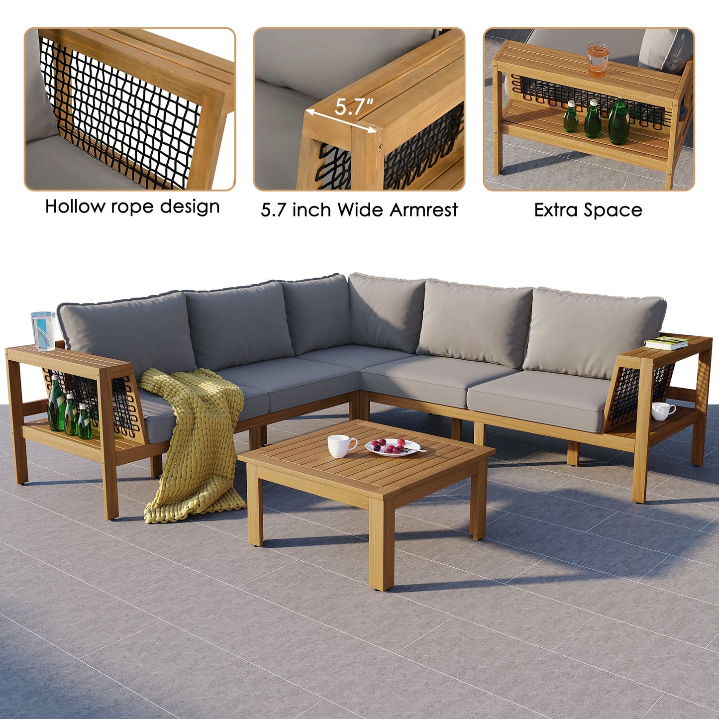 4 Piece Outdoor Acacia Wood Sofa Set, Woven Mesh Armrests, L - Shaped - GREAT BEACH HOUSE