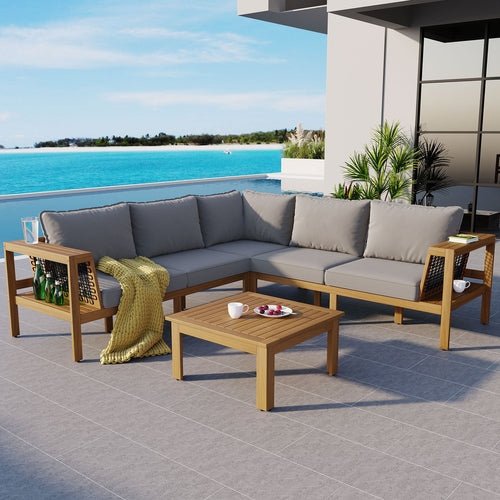 4 Piece Outdoor Acacia Wood Sofa Set, Woven Mesh Armrests, L - Shaped - GREAT BEACH HOUSE
