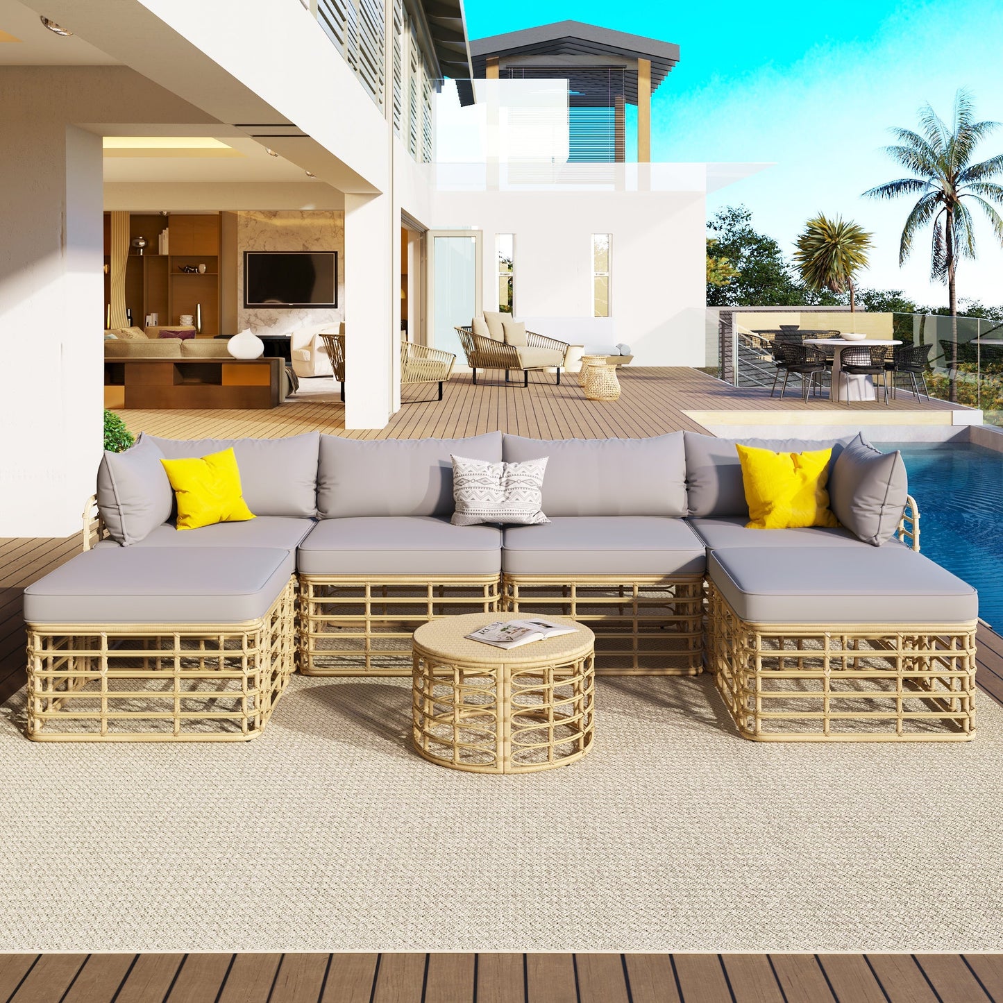 7 Pieces Outdoor Patio Furniture, All - Weather Rattan Sectional Sofa - GREAT BEACH HOUSE