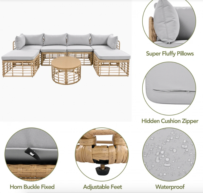 7 Pieces Outdoor Patio Furniture, All-Weather Rattan Sectional Sofa