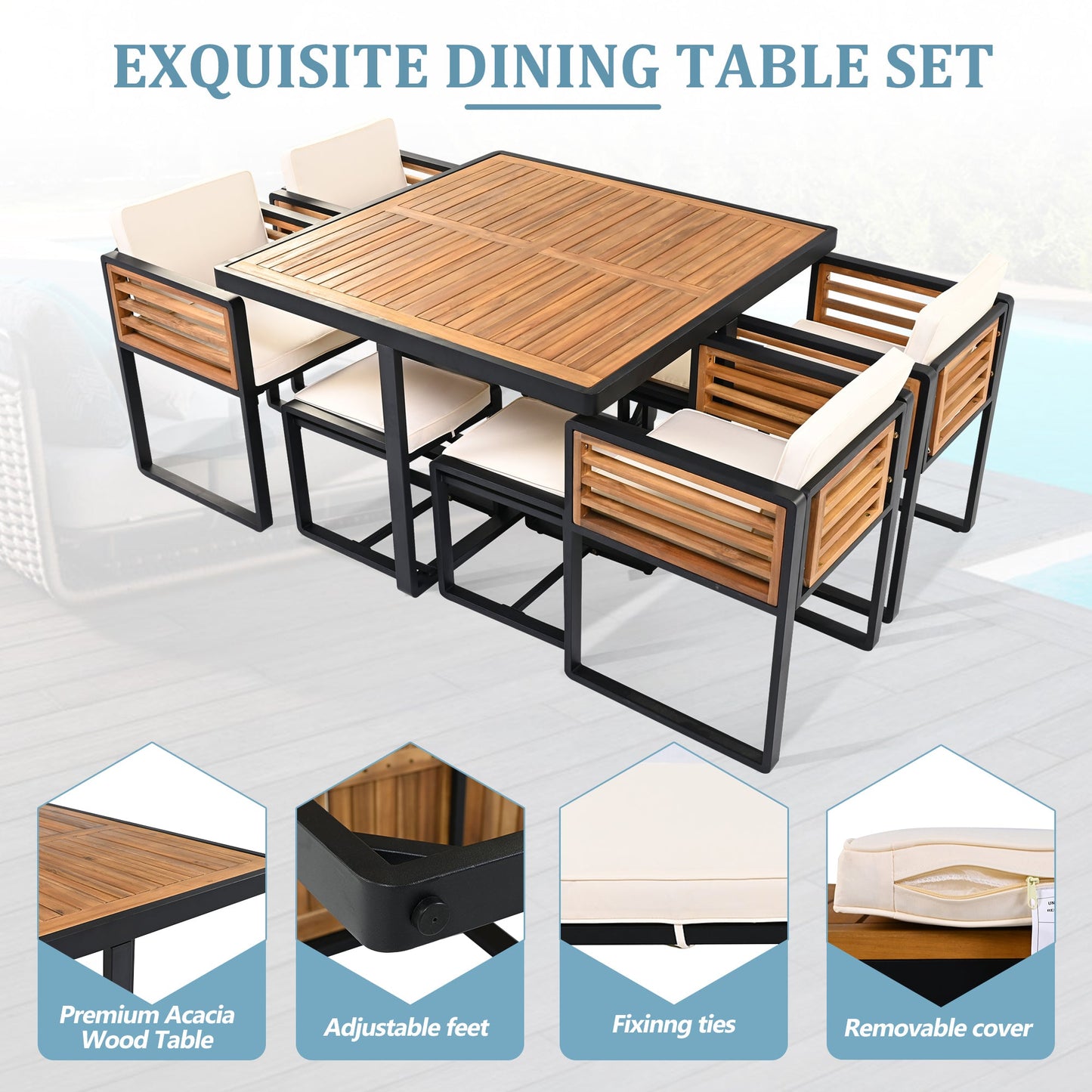 9-Pieces Acacia Wood Patio Dining Set, Space Saving Outdoor Patio Set