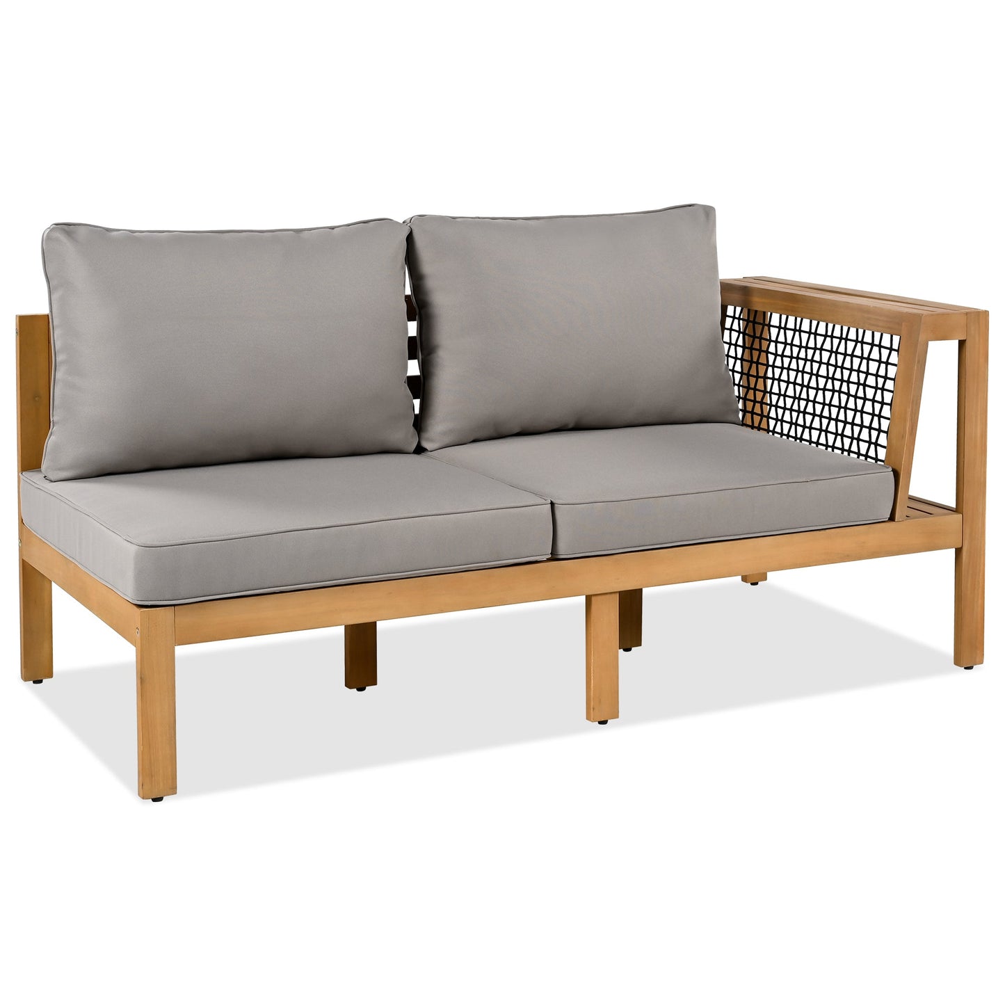 4 Piece Outdoor Acacia Wood Sofa Set, Woven Mesh Armrests, L-Shaped