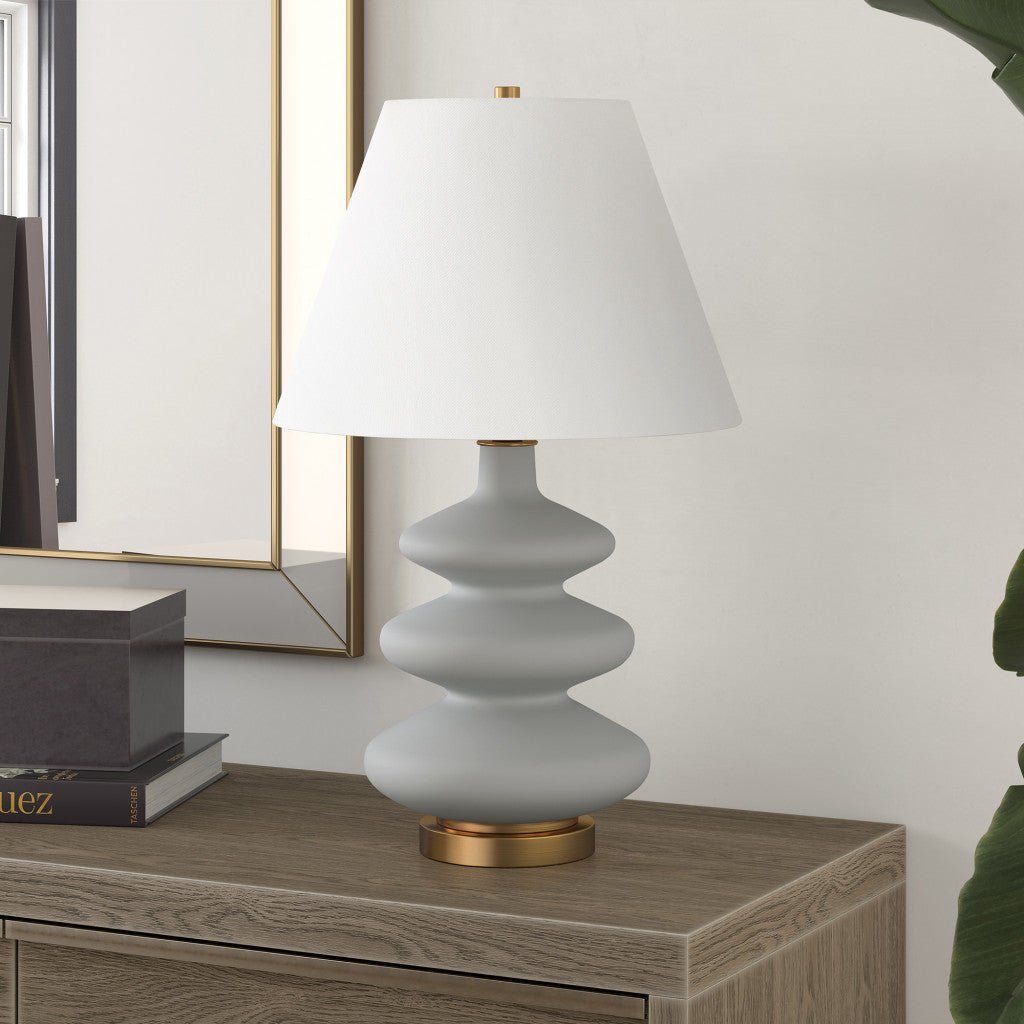 26" Gray and Gold Glass Gourd Table Lamp With White Empire Shade - GREAT BEACH HOUSE
