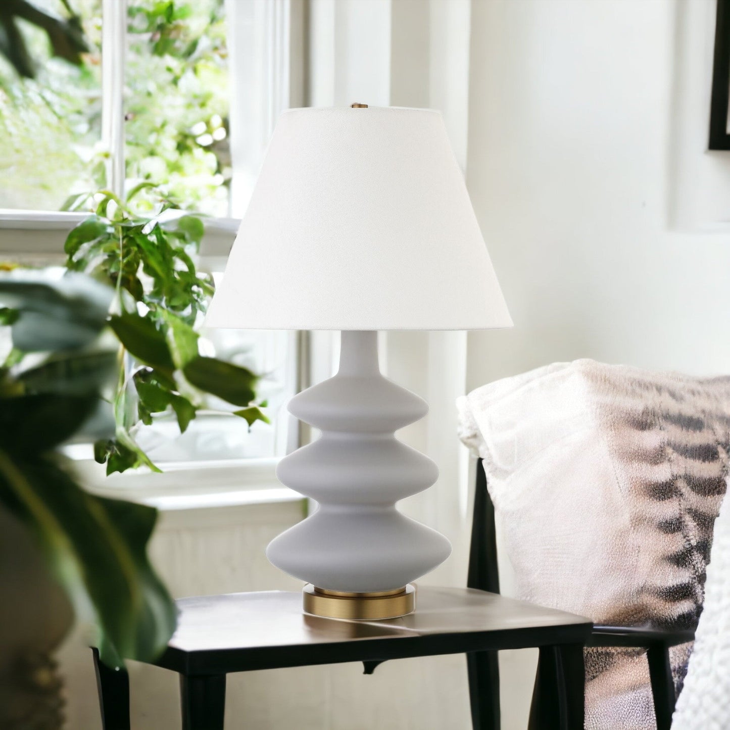 26" Gray and Gold Glass Gourd Table Lamp With White Empire Shade - GREAT BEACH HOUSE