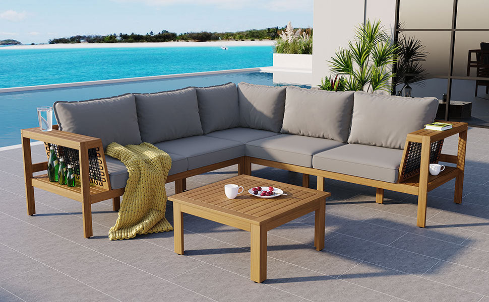 4 Piece Outdoor Acacia Wood Sofa Set, Woven Mesh Armrests, L-Shaped