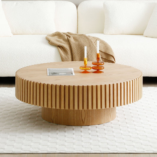 32'' Round Wood Coffee Table for Living Room, Modern Handcraft Drum - GREAT BEACH HOUSE