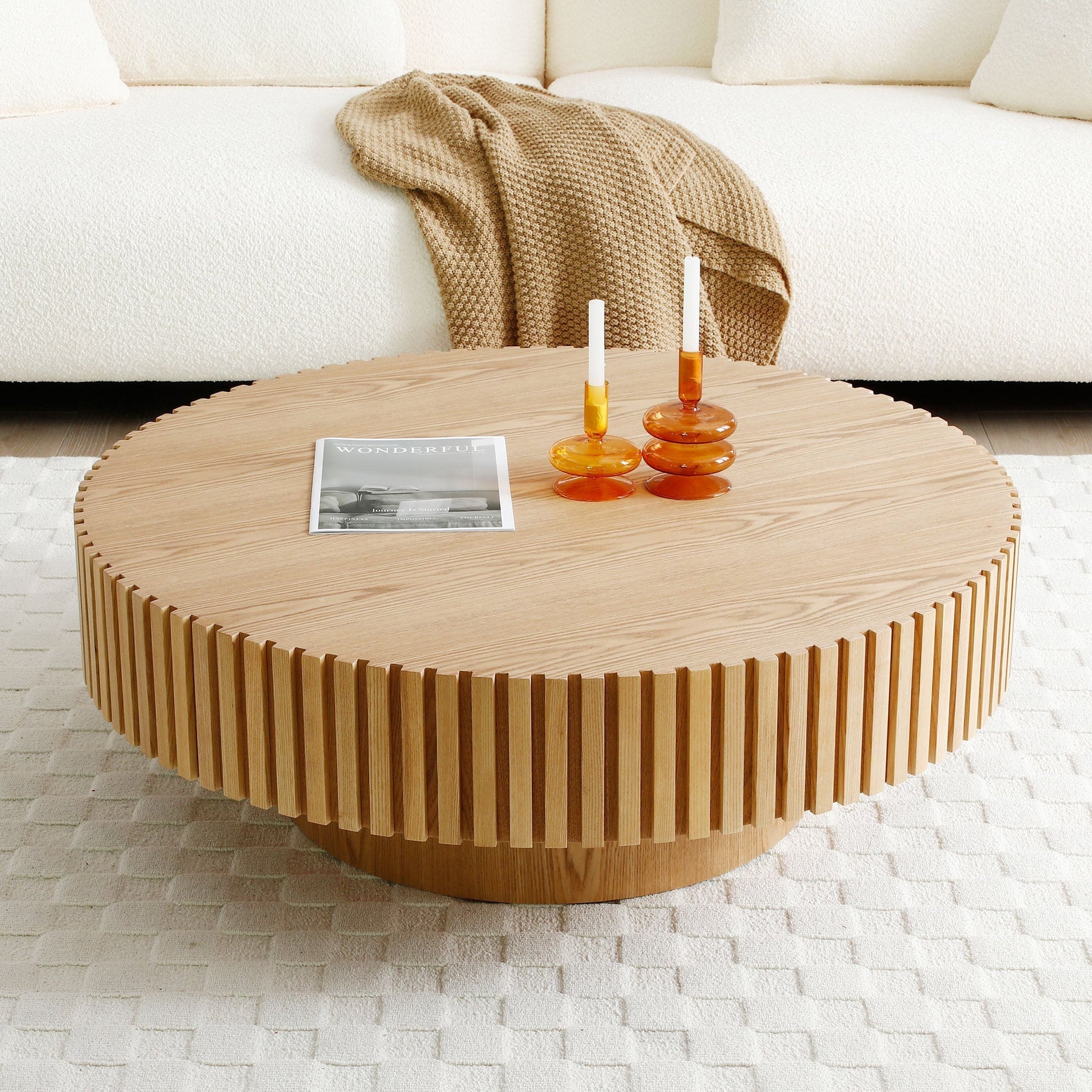 32'' Round Wood Coffee Table for Living Room, Modern Handcraft Drum - GREAT BEACH HOUSE