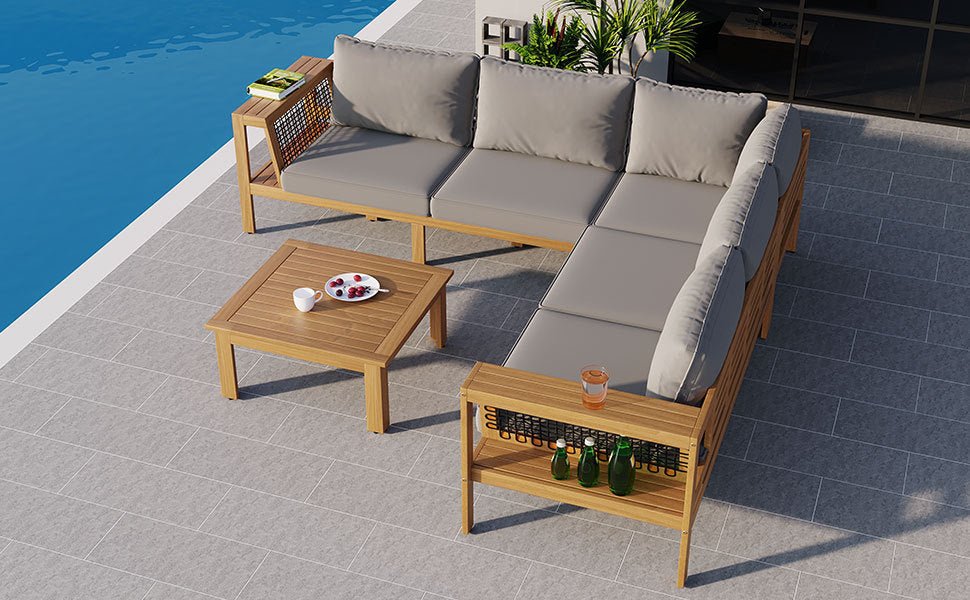 4 Piece Outdoor Acacia Wood Sofa Set, Woven Mesh Armrests, L - Shaped - GREAT BEACH HOUSE