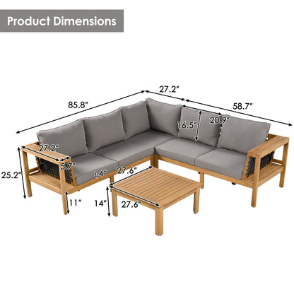 4 Piece Outdoor Acacia Wood Sofa Set, Woven Mesh Armrests, L - Shaped - GREAT BEACH HOUSE