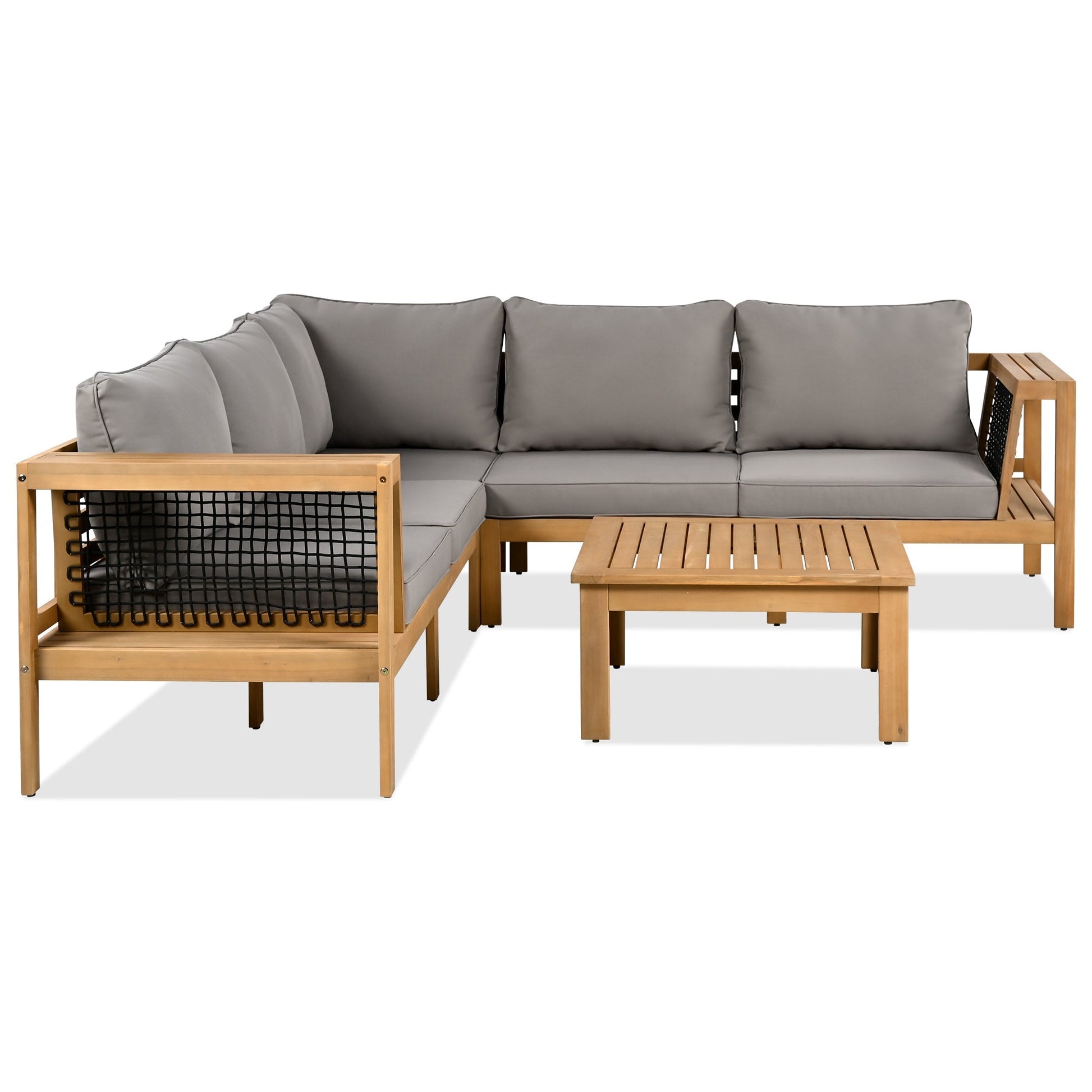 4 Piece Outdoor Acacia Wood Sofa Set, Woven Mesh Armrests, L - Shaped - GREAT BEACH HOUSE