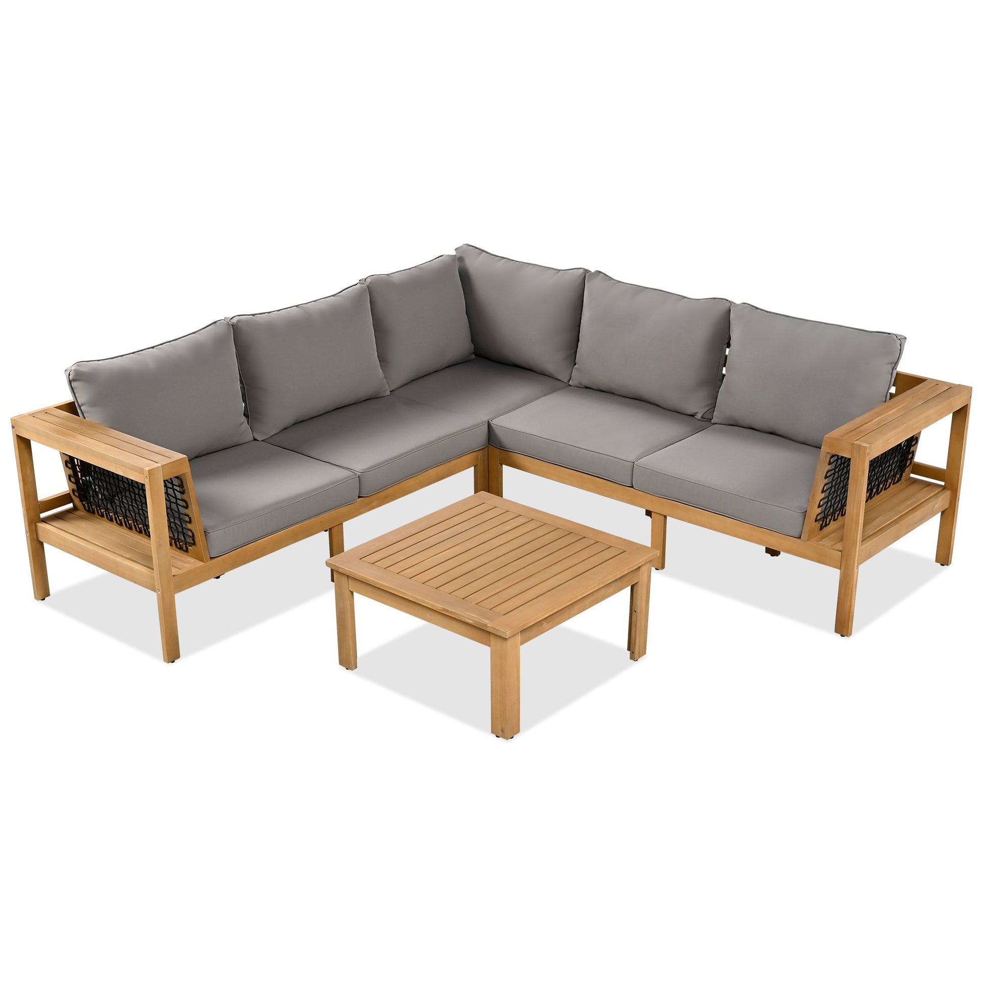 4 Piece Outdoor Acacia Wood Sofa Set, Woven Mesh Armrests, L - Shaped - GREAT BEACH HOUSE