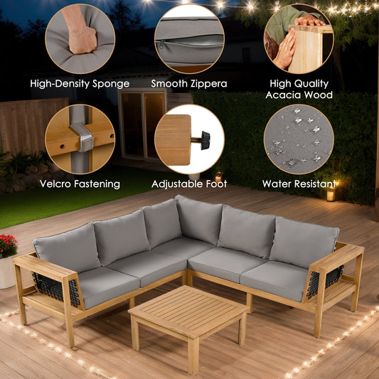 4 Piece Outdoor Acacia Wood Sofa Set, Woven Mesh Armrests, L - Shaped - GREAT BEACH HOUSE