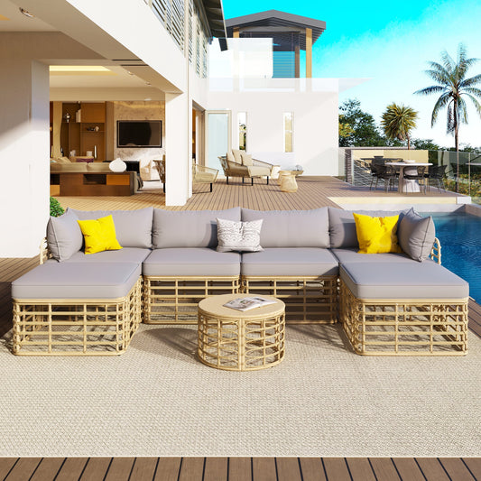 7 Pieces Outdoor Patio Furniture, All - Weather Rattan Sectional Sofa - GREAT BEACH HOUSE