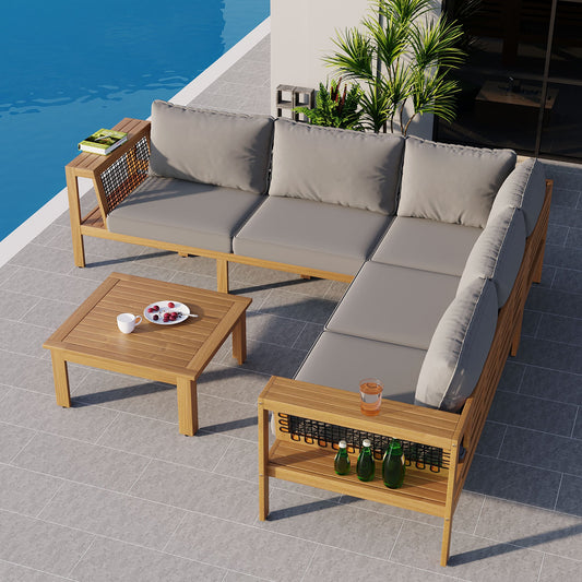 4 Piece Outdoor Acacia Wood Sofa Set, Woven Mesh Armrests, L-Shaped