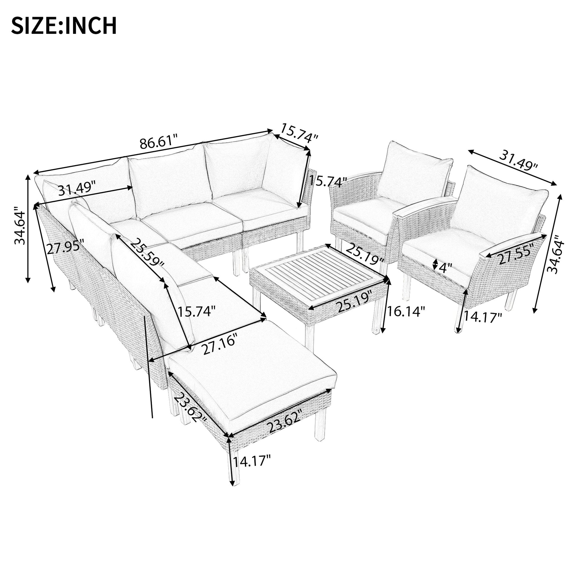 9 - Piece Patio Rattan Furniture Set, Outdoor Conversation Set - GREAT BEACH HOUSE