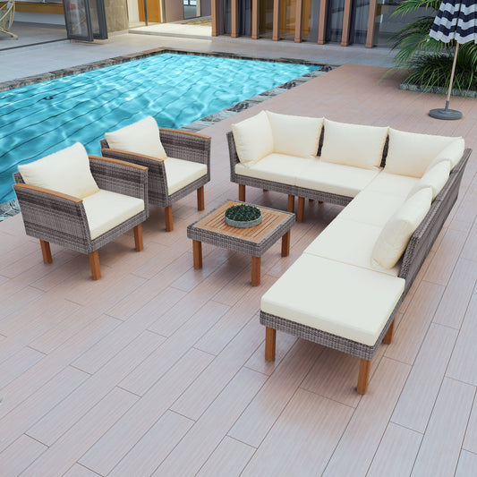9 - Piece Patio Rattan Furniture Set, Outdoor Conversation Set - GREAT BEACH HOUSE