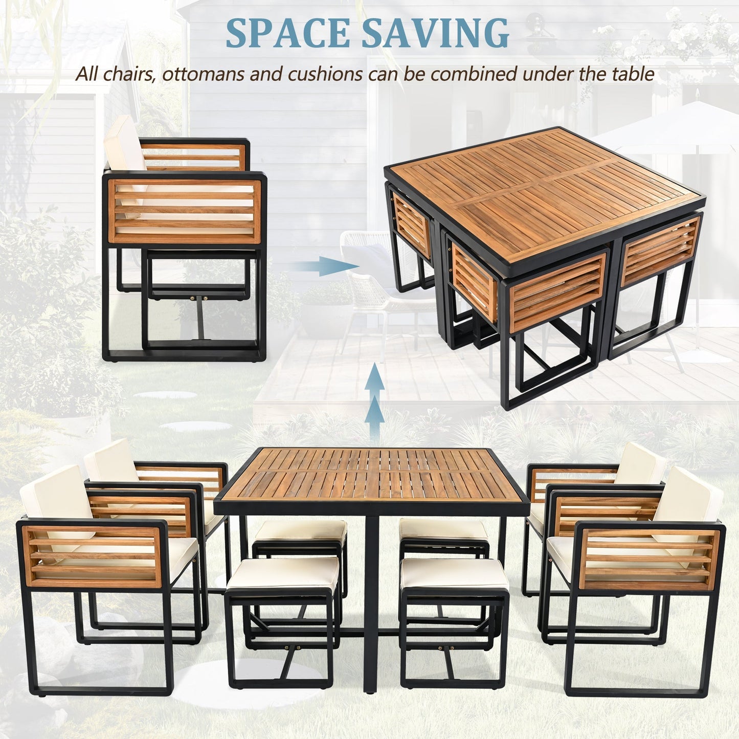 9 - Pieces Acacia Wood Patio Dining Set, Space Saving Outdoor Patio Set - GREAT BEACH HOUSE