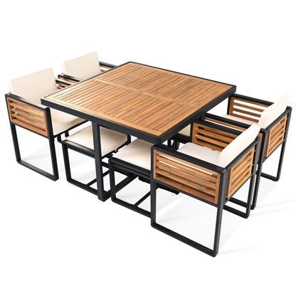 9 - Pieces Acacia Wood Patio Dining Set, Space Saving Outdoor Patio Set - GREAT BEACH HOUSE