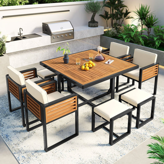 9 - Pieces Acacia Wood Patio Dining Set, Space Saving Outdoor Patio Set - GREAT BEACH HOUSE
