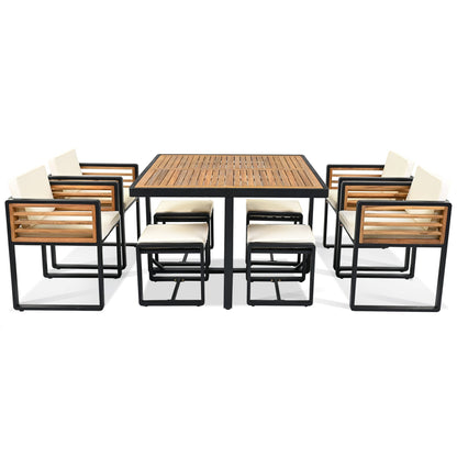 9 - Pieces Acacia Wood Patio Dining Set, Space Saving Outdoor Patio Set - GREAT BEACH HOUSE