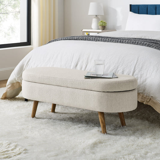 Ottoman Oval Storage Bench, Rubber Tree Wood Legs, Beige(43.5"x16"x16")