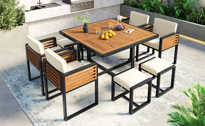 9-Pieces Acacia Wood Patio Dining Set, Space Saving Outdoor Patio Set