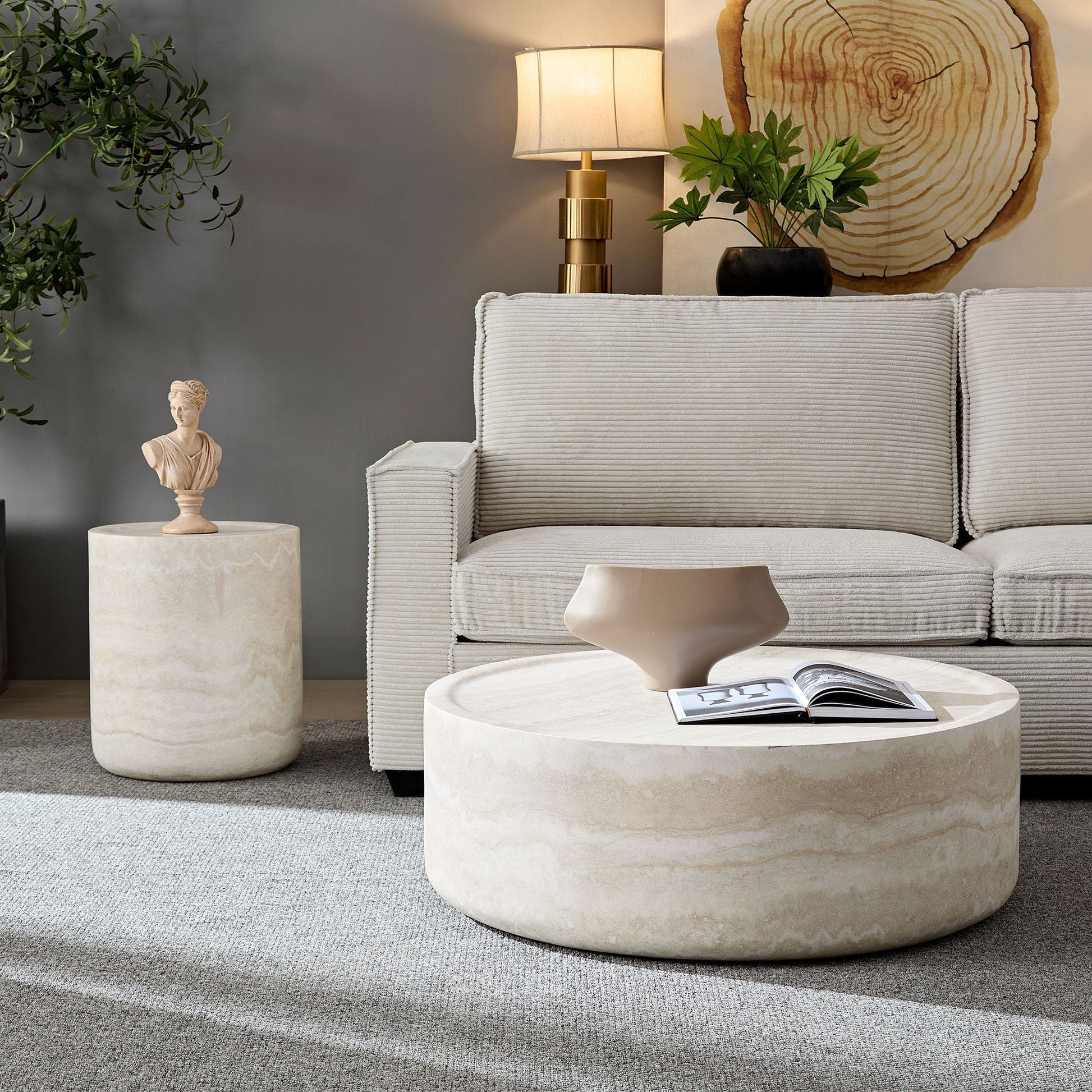 Modern Faux Travertine Textured Coffee Table and Side Table - Set of 2 - GREAT BEACH HOUSE