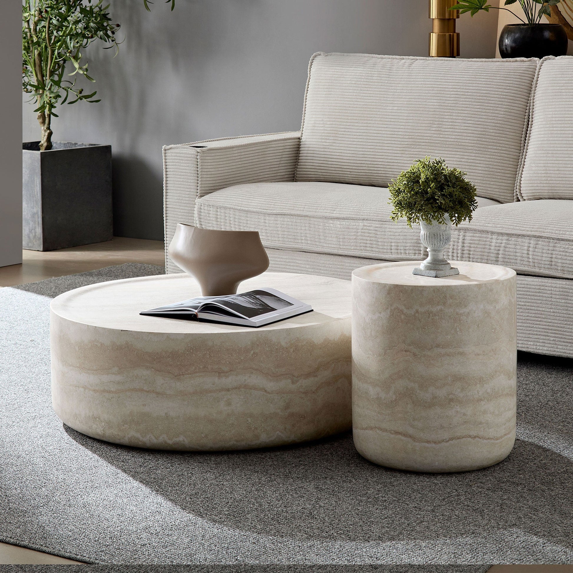 Modern Faux Travertine Textured Coffee Table and Side Table - Set of 2 - GREAT BEACH HOUSE