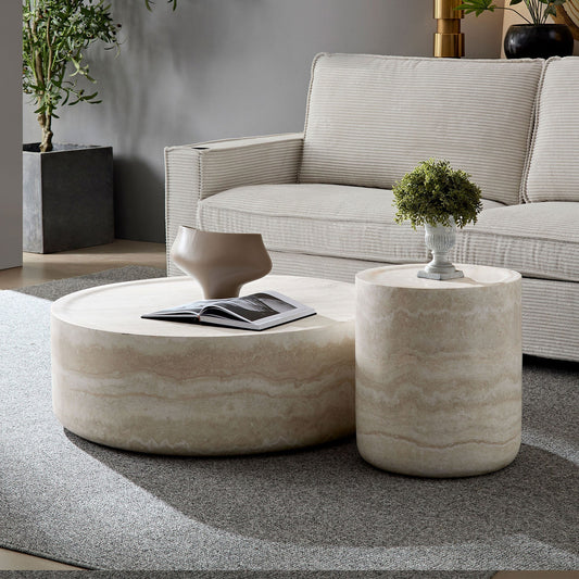 Modern Faux Travertine Textured Coffee Table and Side Table - Set of 2 - GREAT BEACH HOUSE