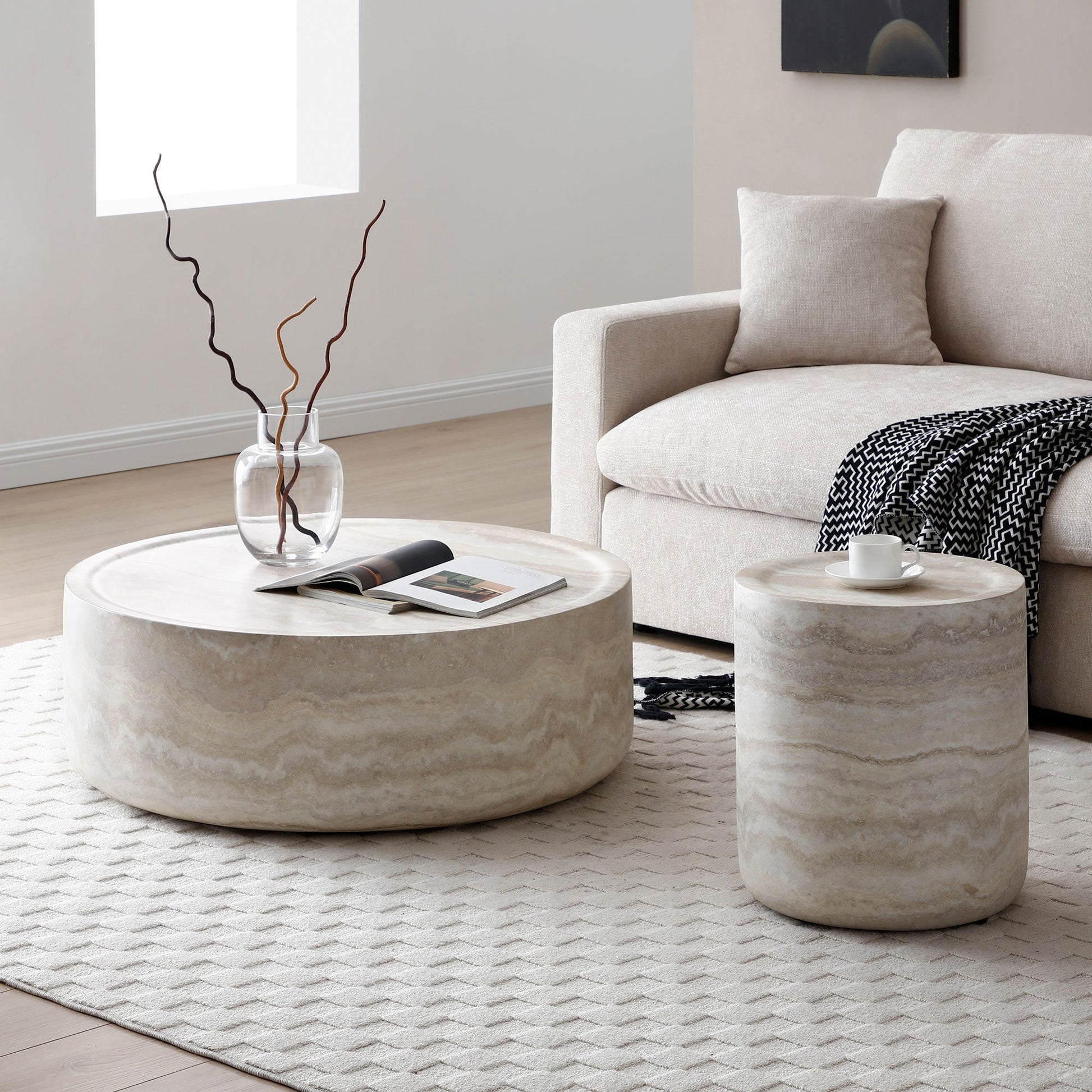 Modern Faux Travertine Textured Coffee Table and Side Table - Set of 2 - GREAT BEACH HOUSE