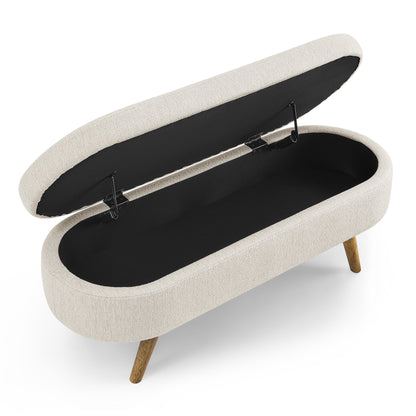 Ottoman Oval Storage Bench, Rubber Tree Wood Legs, Beige(43.5"x16"x16") - GREAT BEACH HOUSE