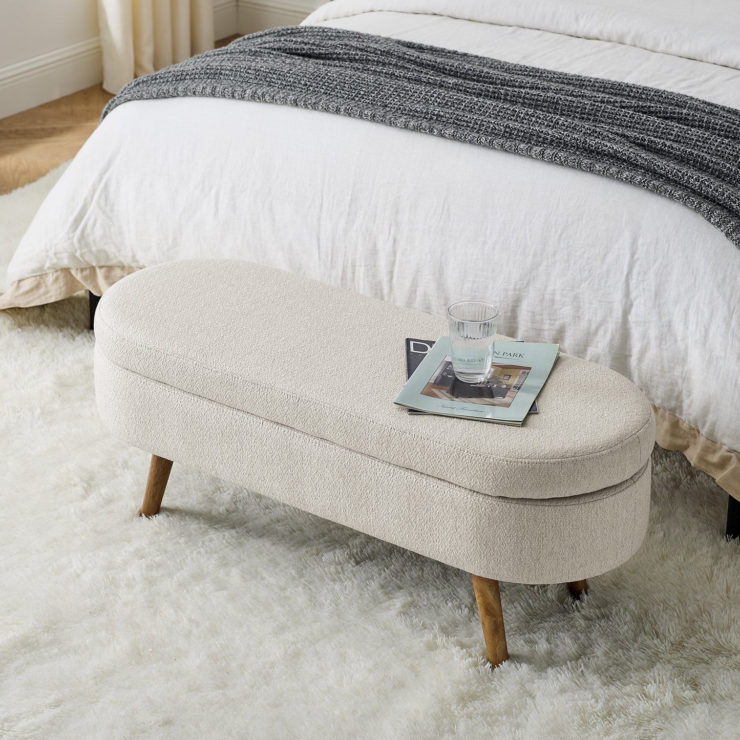 Ottoman Oval Storage Bench, Rubber Tree Wood Legs, Beige(43.5"x16"x16") - GREAT BEACH HOUSE