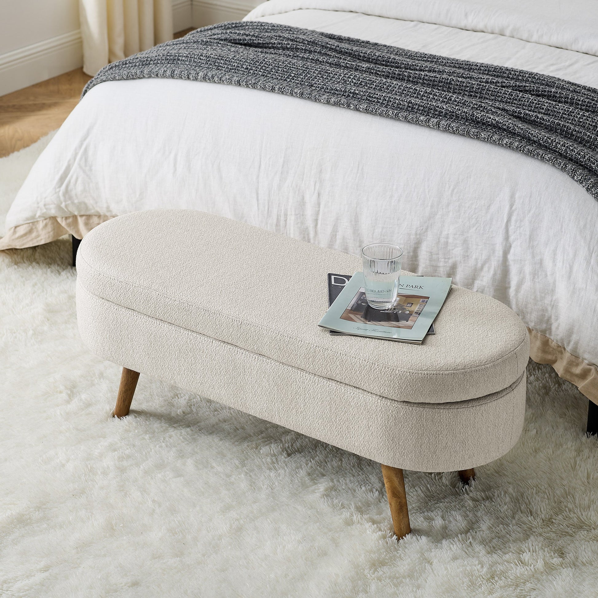 Ottoman Oval Storage Bench, Rubber Tree Wood Legs, Beige(43.5"x16"x16") - GREAT BEACH HOUSE
