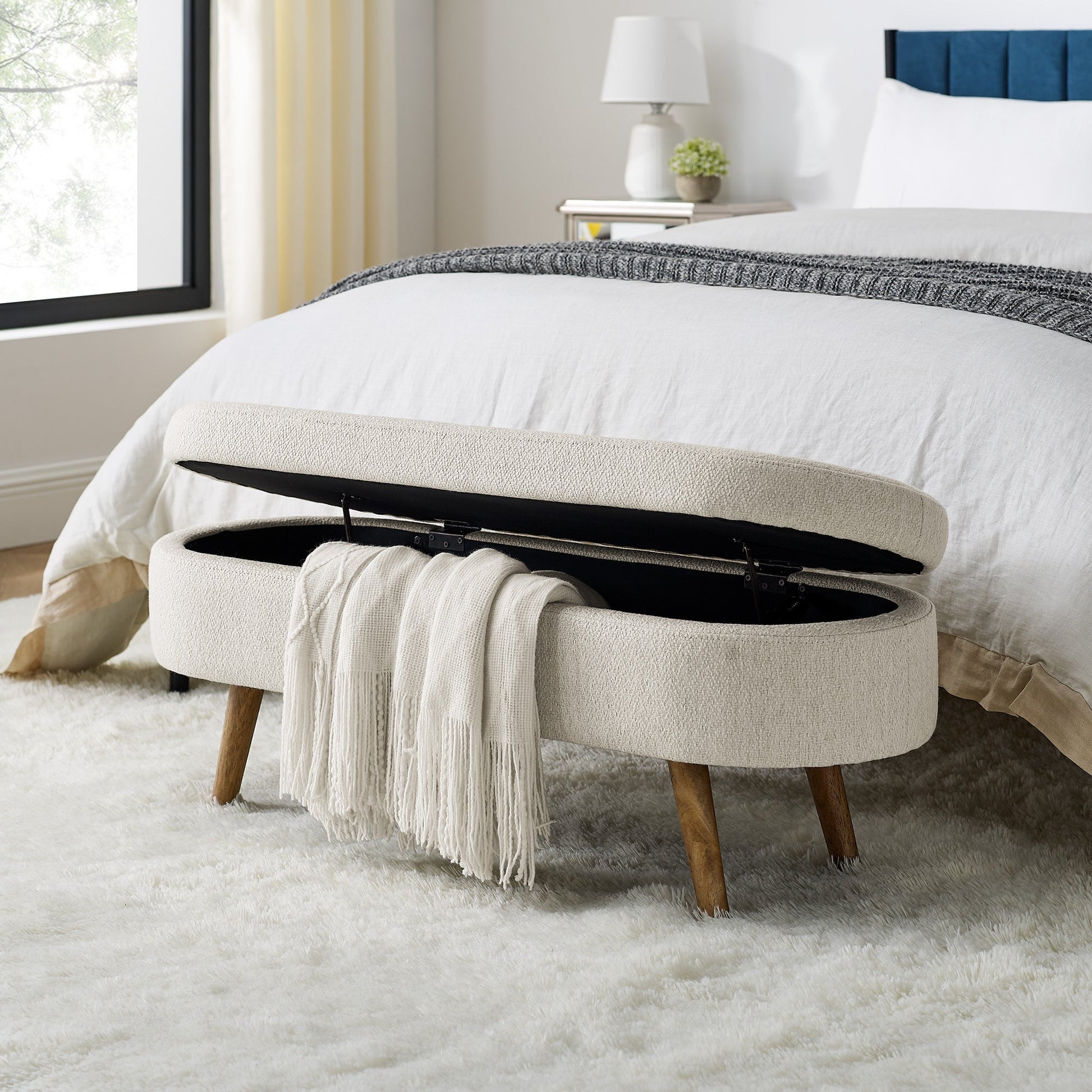 Ottoman Oval Storage Bench, Rubber Tree Wood Legs, Beige(43.5"x16"x16") - GREAT BEACH HOUSE
