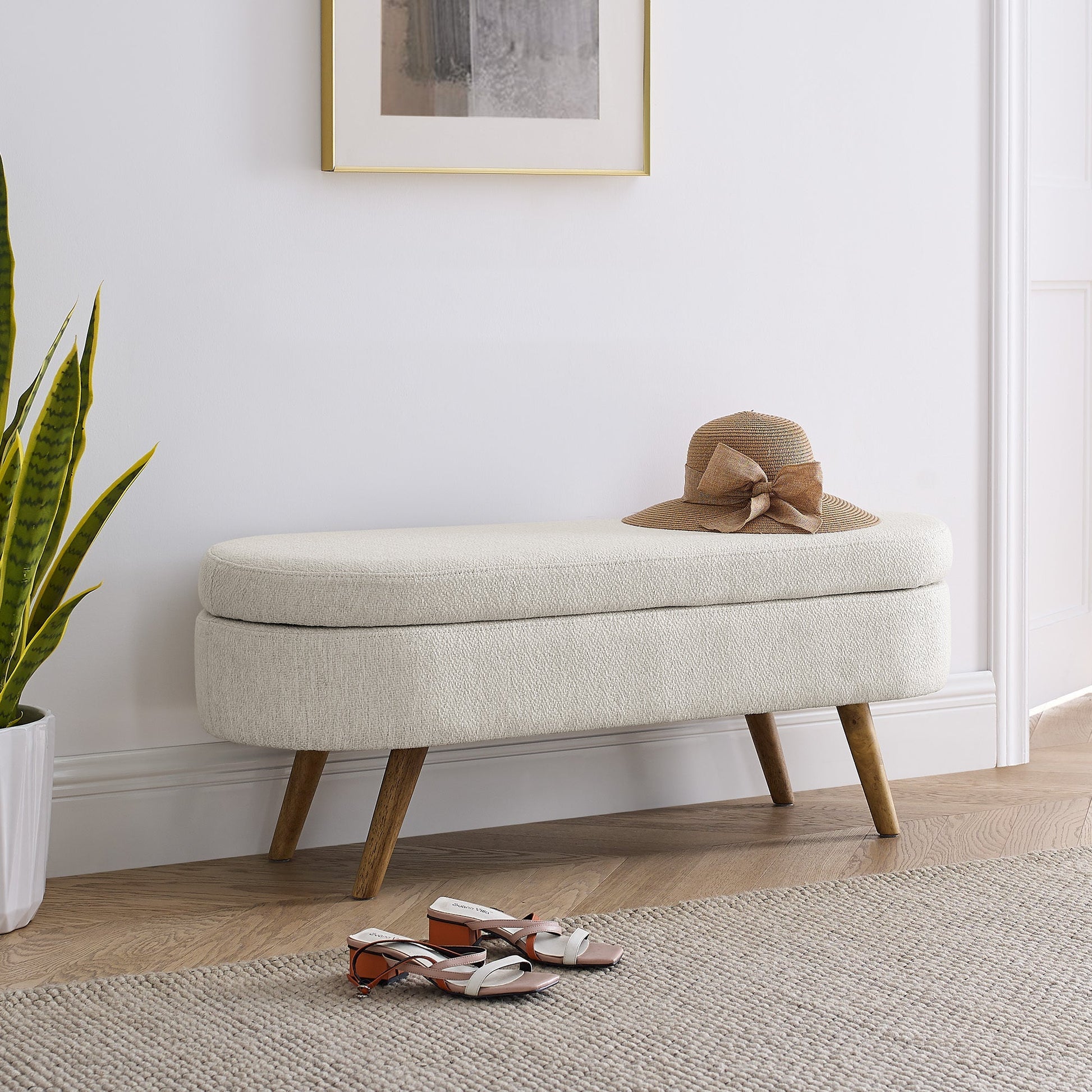 Ottoman Oval Storage Bench, Rubber Tree Wood Legs, Beige(43.5"x16"x16") - GREAT BEACH HOUSE