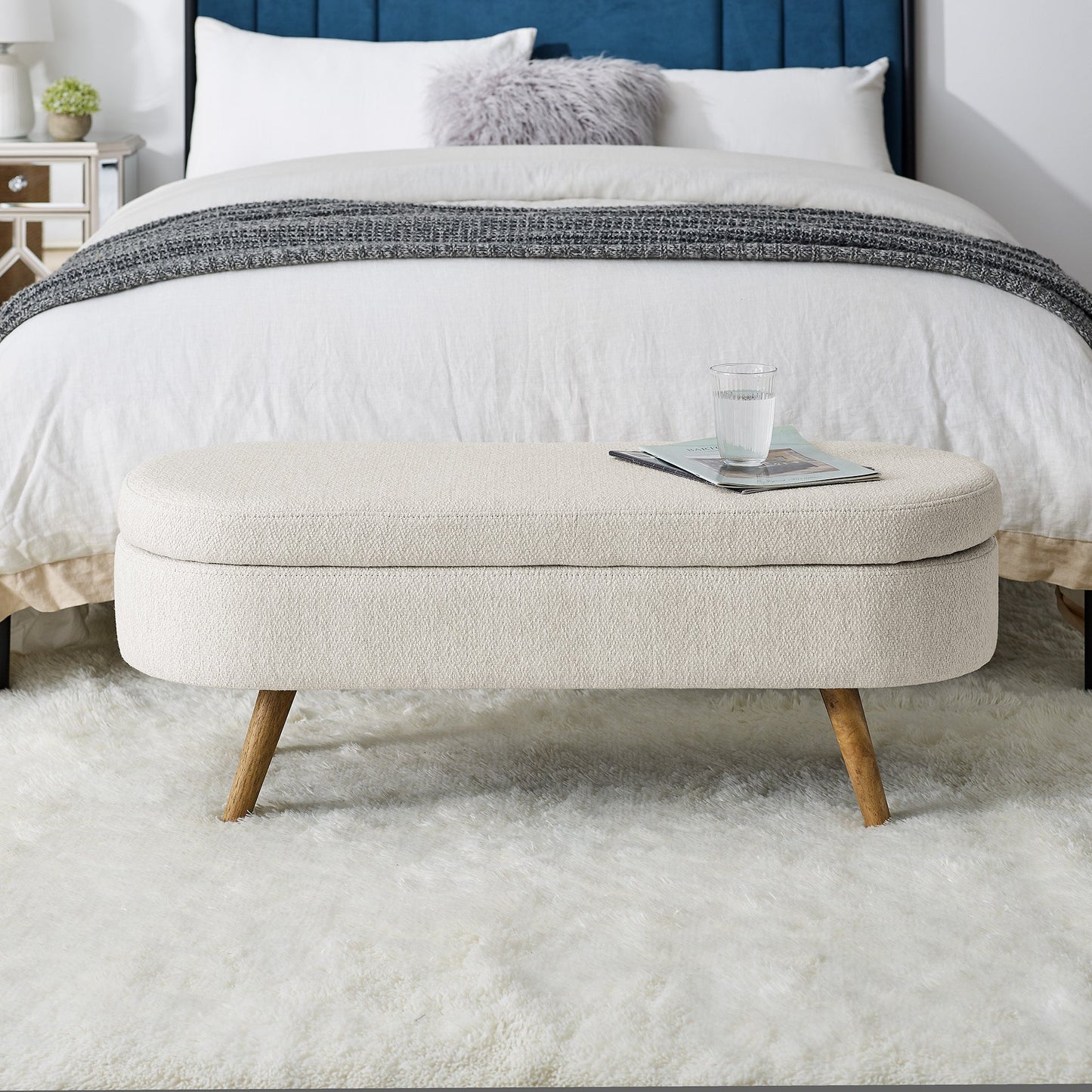 Ottoman Oval Storage Bench, Rubber Tree Wood Legs, Beige(43.5"x16"x16") - GREAT BEACH HOUSE